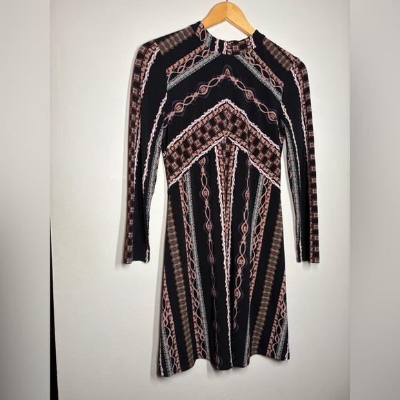 Free People Black and Pink Geometric Long Sleeve Mini Dress - Picture 4 of 12
